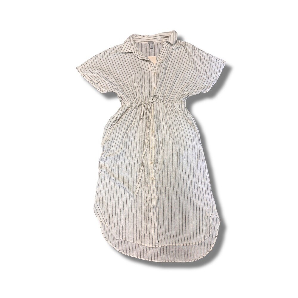 A New Day Shirt Dress Womens Size M Ivory Black Pinstripe Midi Tie Waist